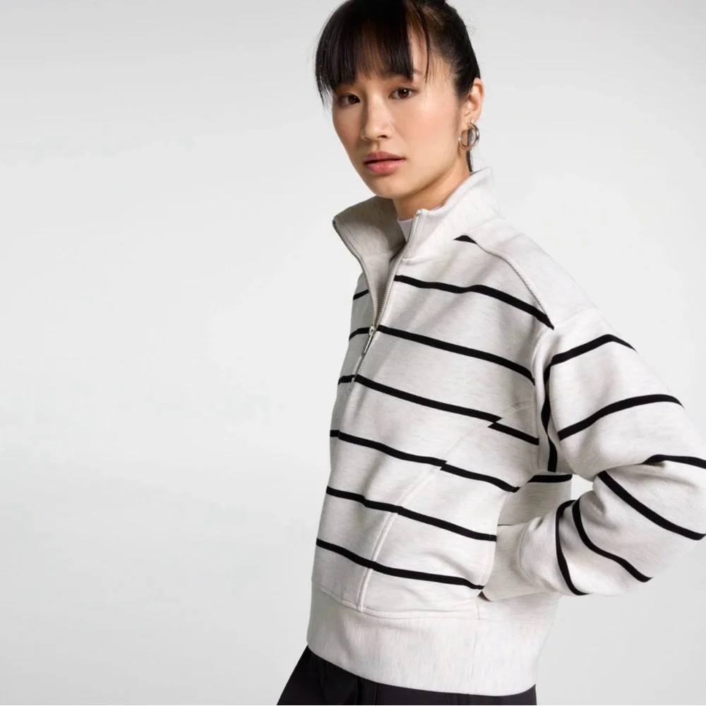 (NWT) CALIA Soft Scuba Ottoman Mock Neck 1/4 Zip in Cloud Cover Heather Stripe - Picture 6 of 16